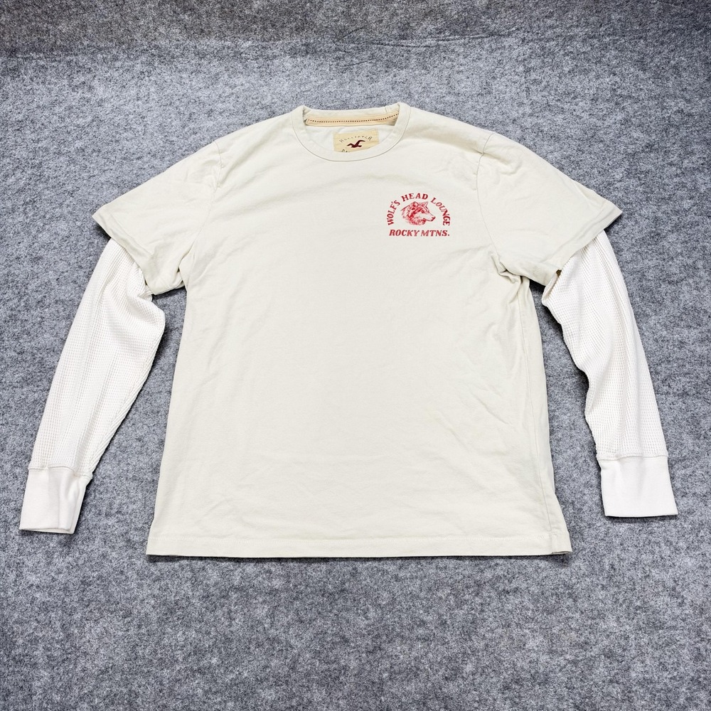 Hollister Shirt Mens Large Beige Wolf Graphic Thermal Layered Long Sleeve Tee